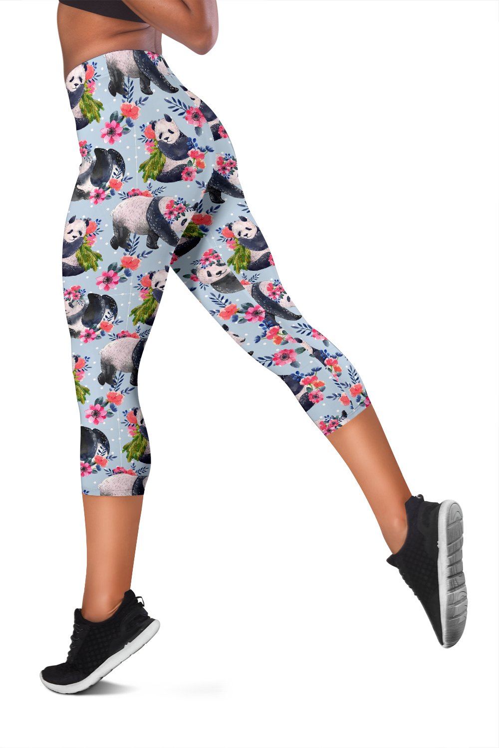 Panda Bear Flower Design Themed Print Women Capris