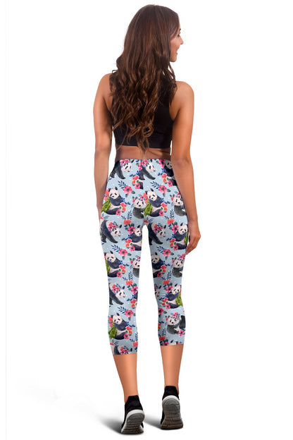Panda Bear Flower Design Themed Print Women Capris