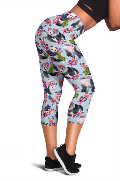 Panda Bear Flower Design Themed Print Women Capris