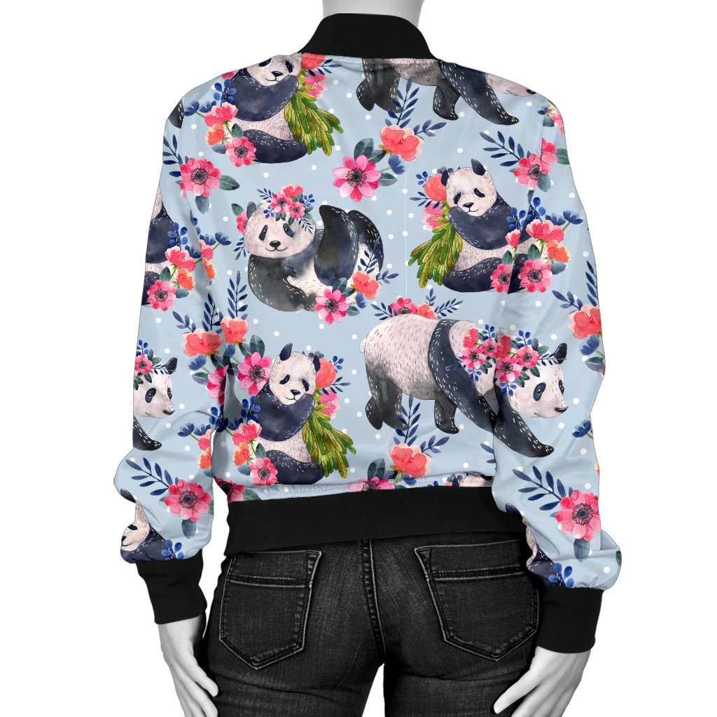 Panda Bear Flower Design Themed Print Women Casual Bomber Jacket