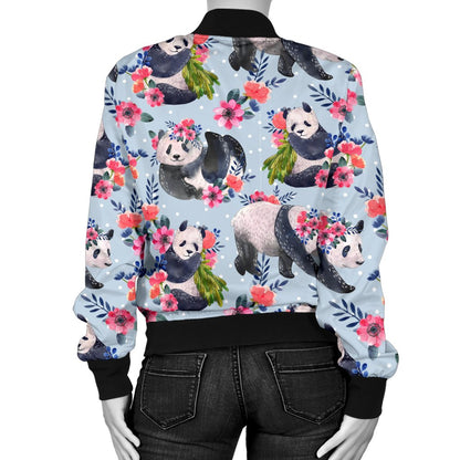 Panda Bear Flower Design Themed Print Women Casual Bomber Jacket