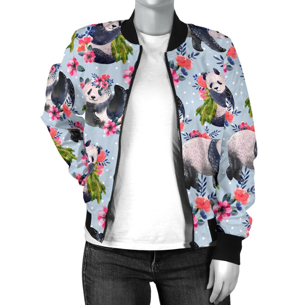 Panda Bear Flower Design Themed Print Women Casual Bomber Jacket