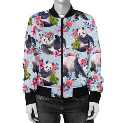 Panda Bear Flower Design Themed Print Women Casual Bomber Jacket