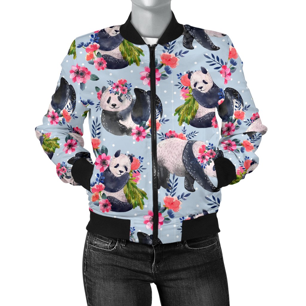 Panda Bear Flower Design Themed Print Women Casual Bomber Jacket