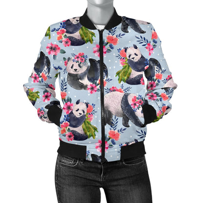 Panda Bear Flower Design Themed Print Women Casual Bomber Jacket