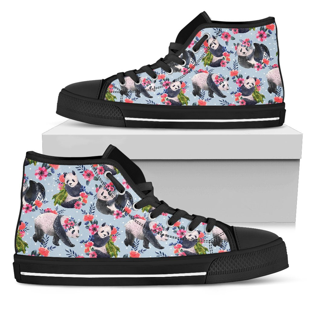 Panda Bear Flower Design Themed Print Women High Top Shoes