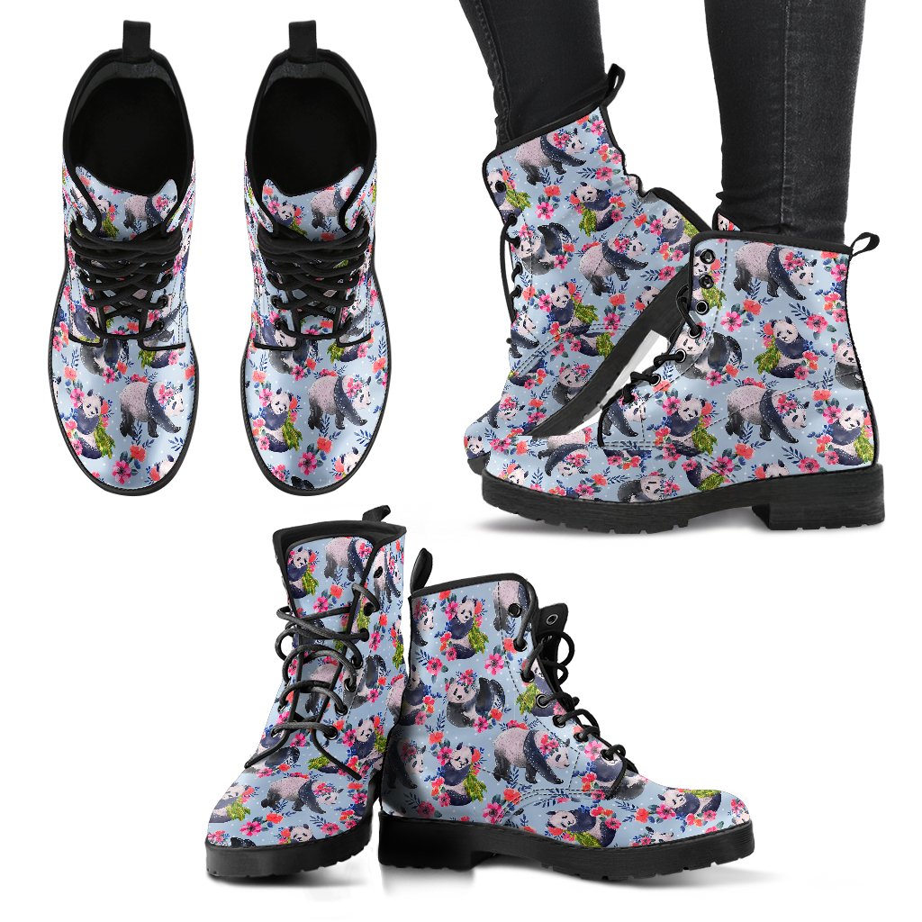 Panda Bear Flower Design Themed Print Women Leather Boots-JTAMIGO.COM