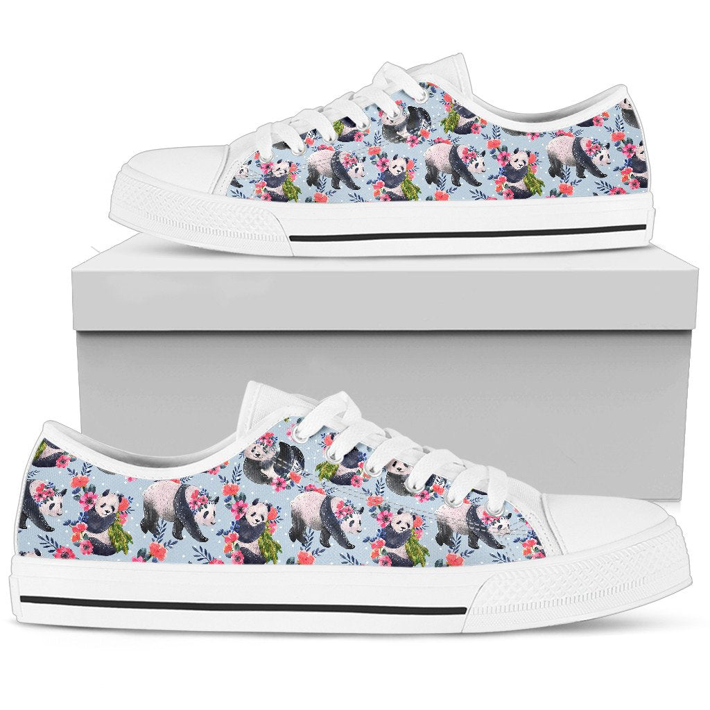 Panda Bear Flower Design Themed Print Women Low Top Shoes-JTAMIGO.COM