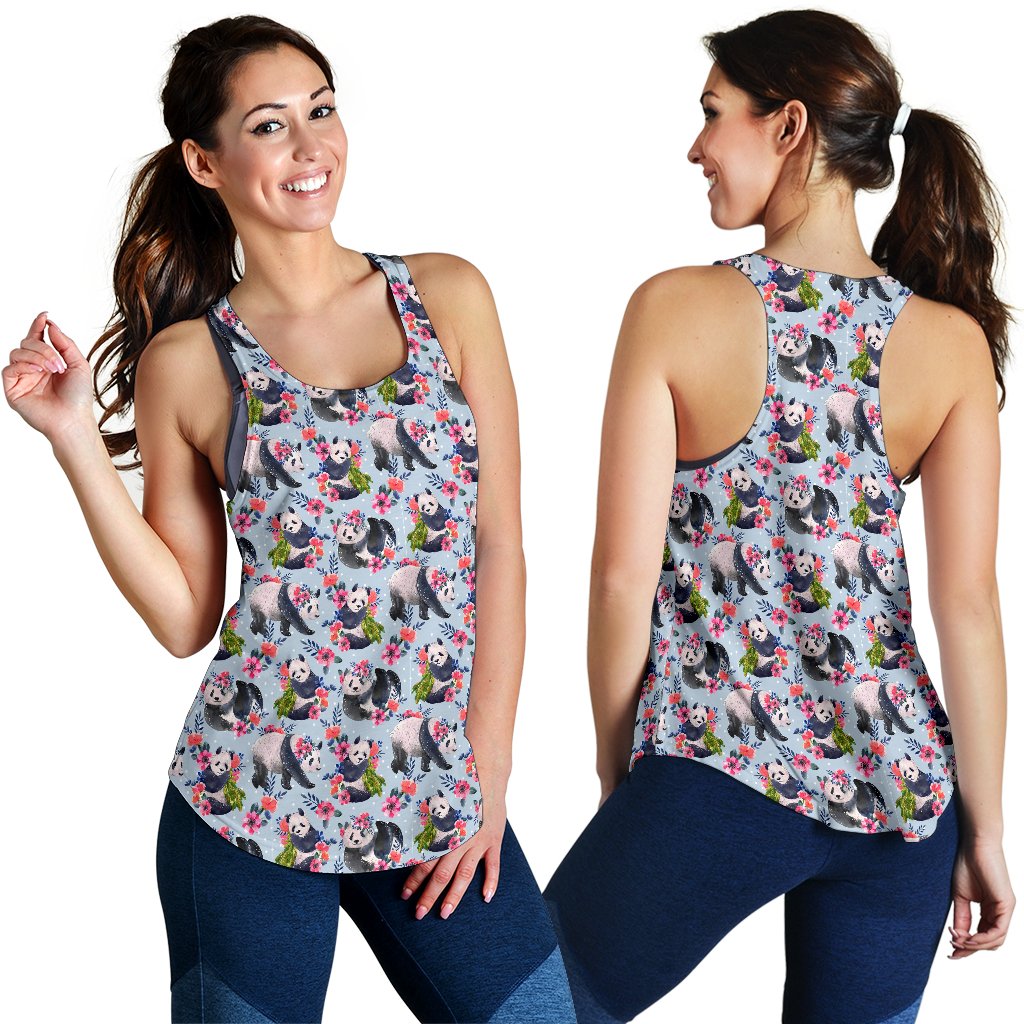 Panda Bear Flower Design Themed Print Women Racerback Tank Top