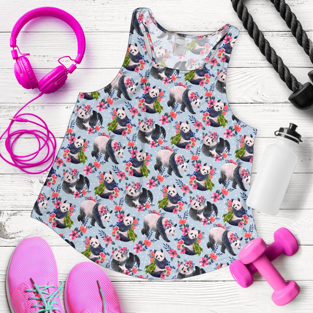 Panda Bear Flower Design Themed Print Women Racerback Tank Top