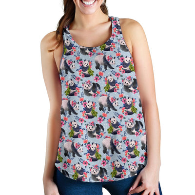 Panda Bear Flower Design Themed Print Women Racerback Tank Top