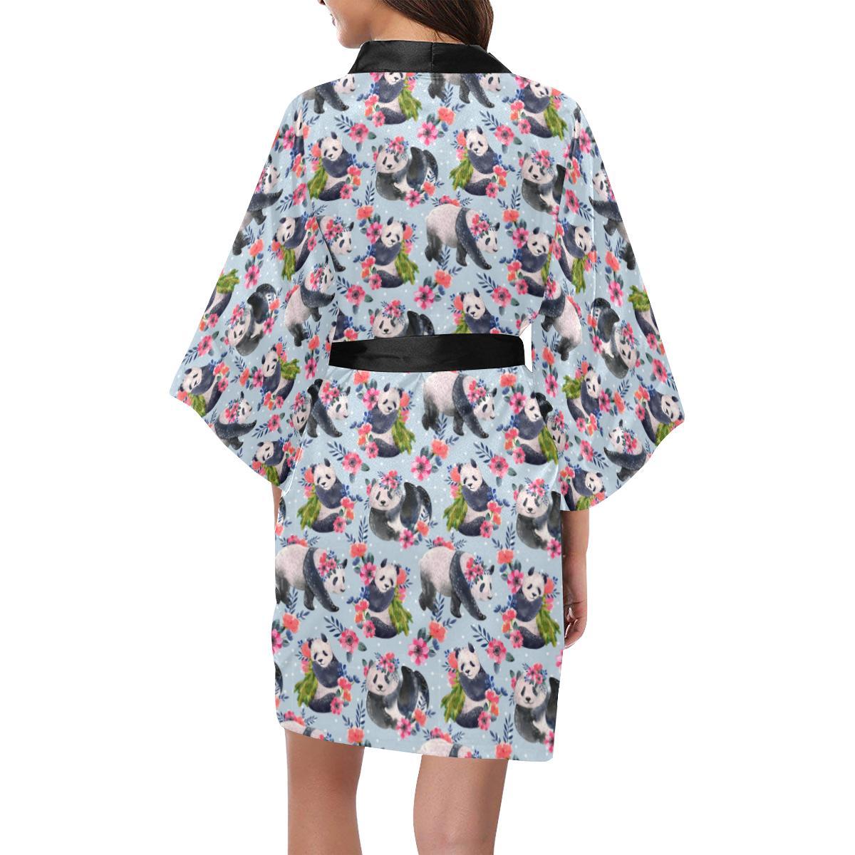 Panda Bear Flower Design Themed Print Women Short Kimono Robe