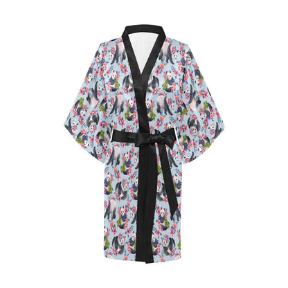 Panda Bear Flower Design Themed Print Women Short Kimono Robe