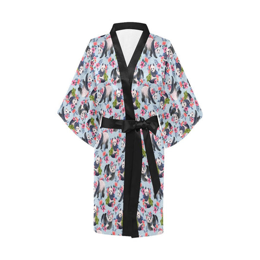 Panda Bear Flower Design Themed Print Women Short Kimono Robe