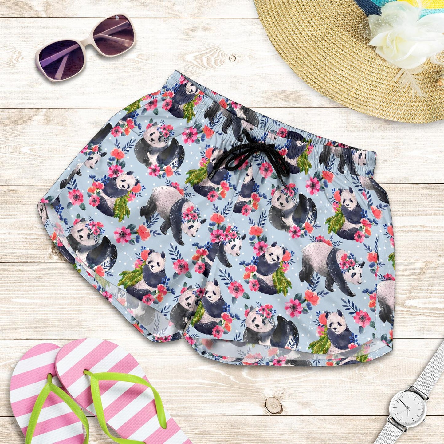 Panda Bear Flower Design Themed Print Women Shorts-JTAMIGO.COM