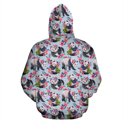 Panda Bear Flower Design Themed Print Zip Up Hoodie