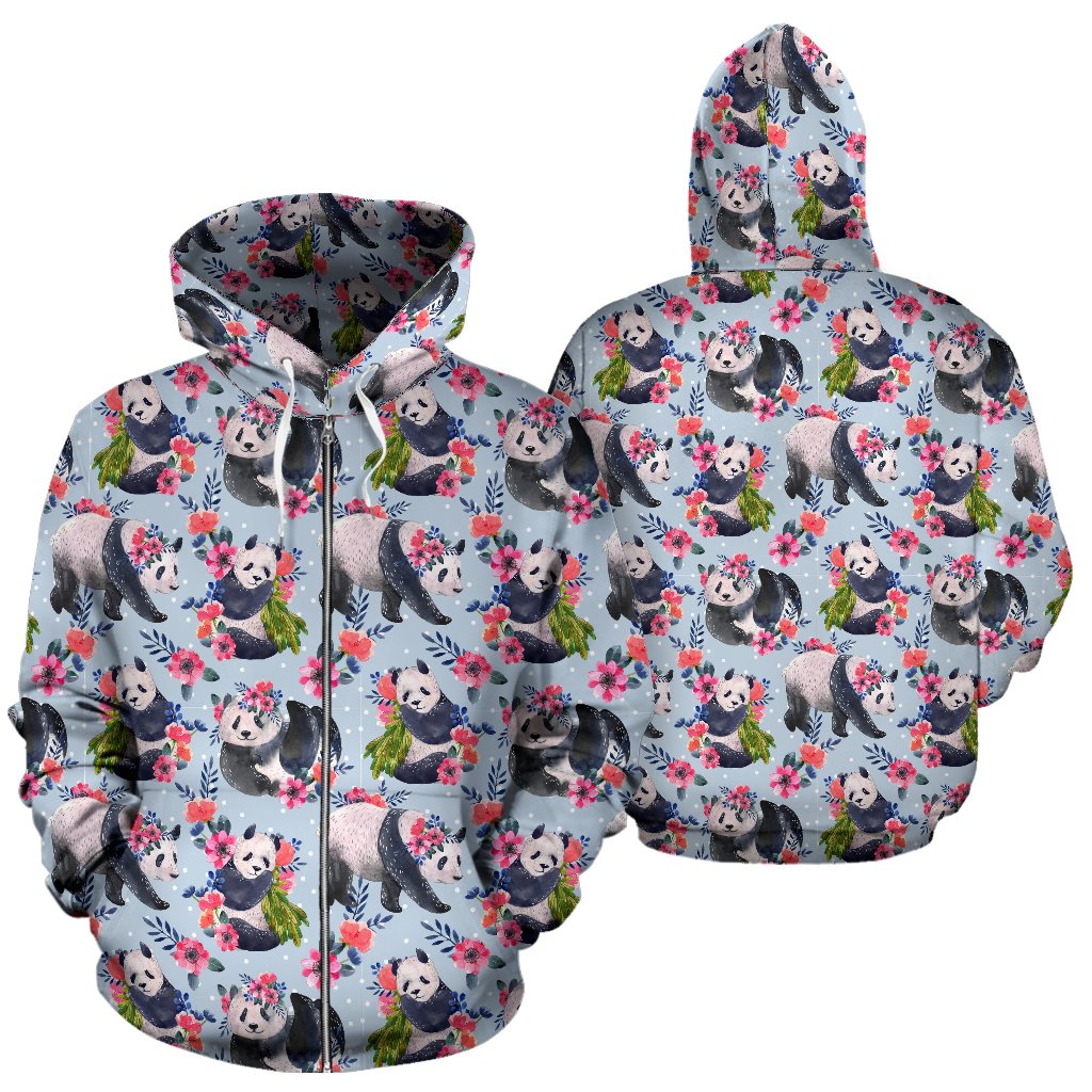 Panda Bear Flower Design Themed Print Zip Up Hoodie
