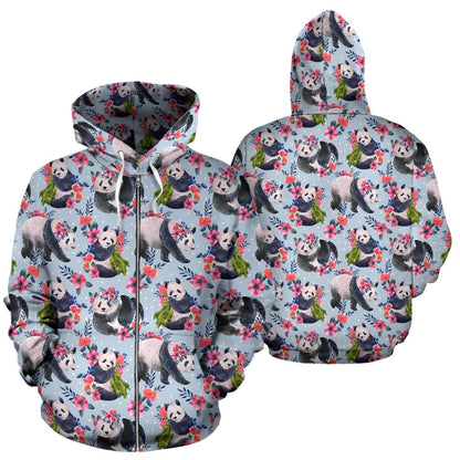 Panda Bear Flower Design Themed Print Zip Up Hoodie