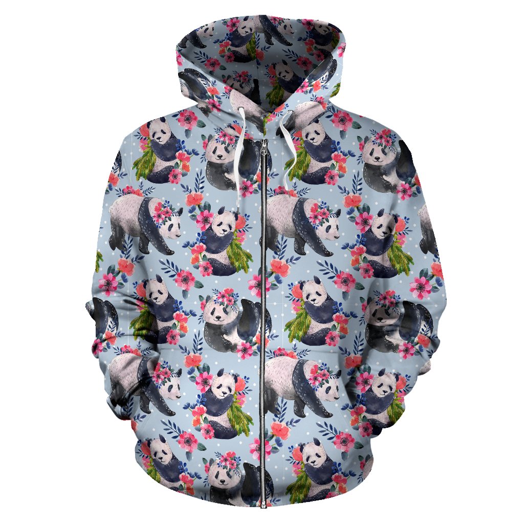 Panda Bear Flower Design Themed Print Zip Up Hoodie