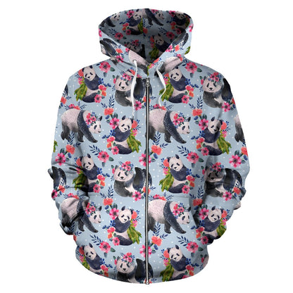 Panda Bear Flower Design Themed Print Zip Up Hoodie