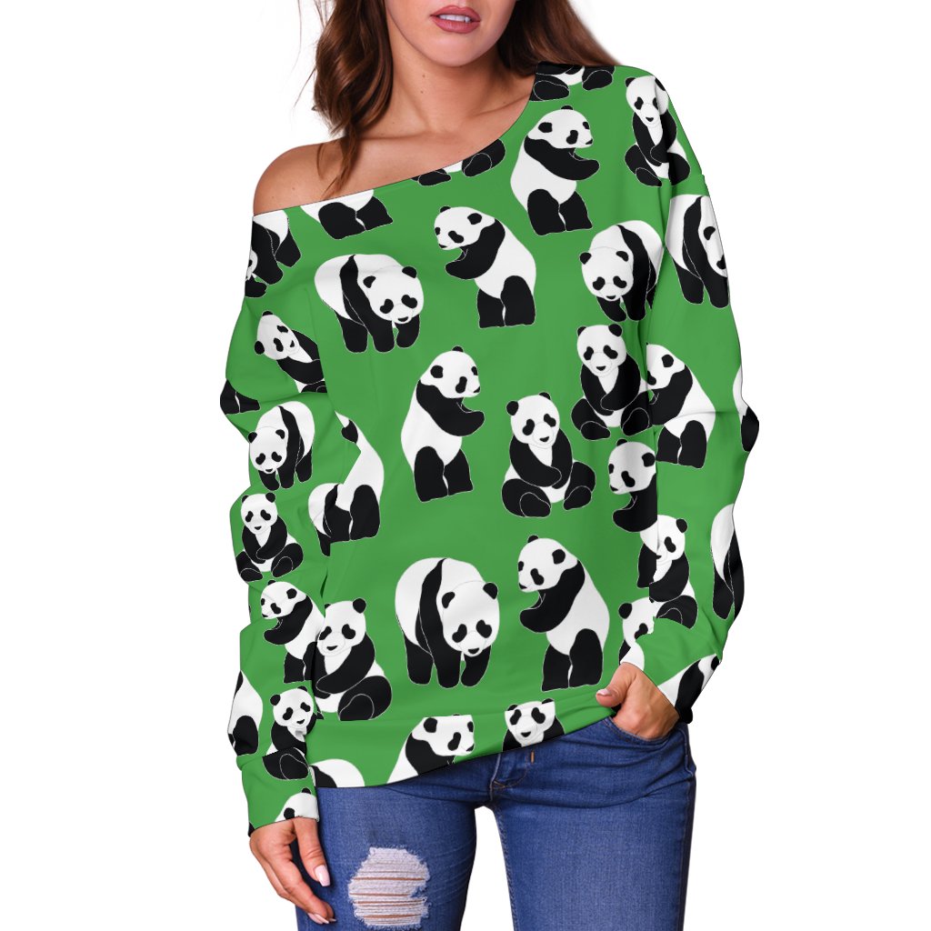 Panda Bear Pattern Themed Print Off Shoulder Sweatshirt