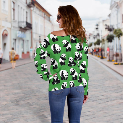 Panda Bear Pattern Themed Print Off Shoulder Sweatshirt
