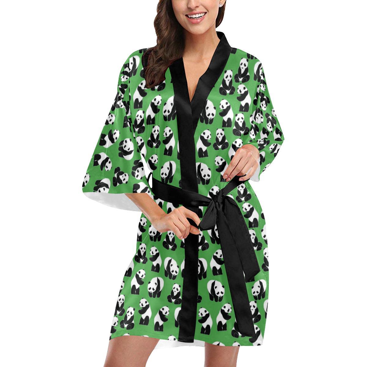 Panda Bear Pattern Themed Print Women Short Kimono Robe