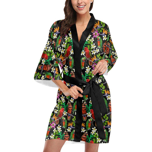 Parrot Design Print Women Short Kimono Robe