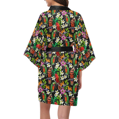 Parrot Design Print Women Short Kimono Robe