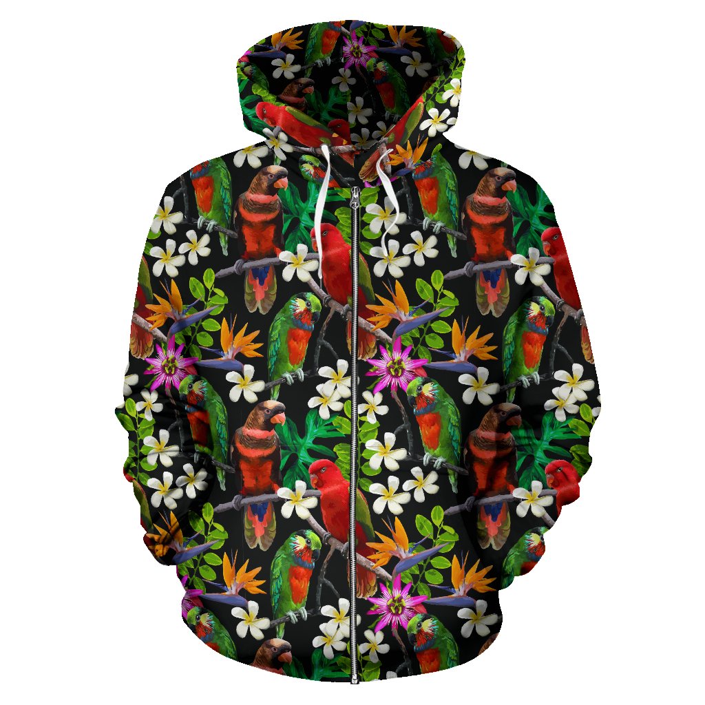 Parrot Design Print Zip Up Hoodie