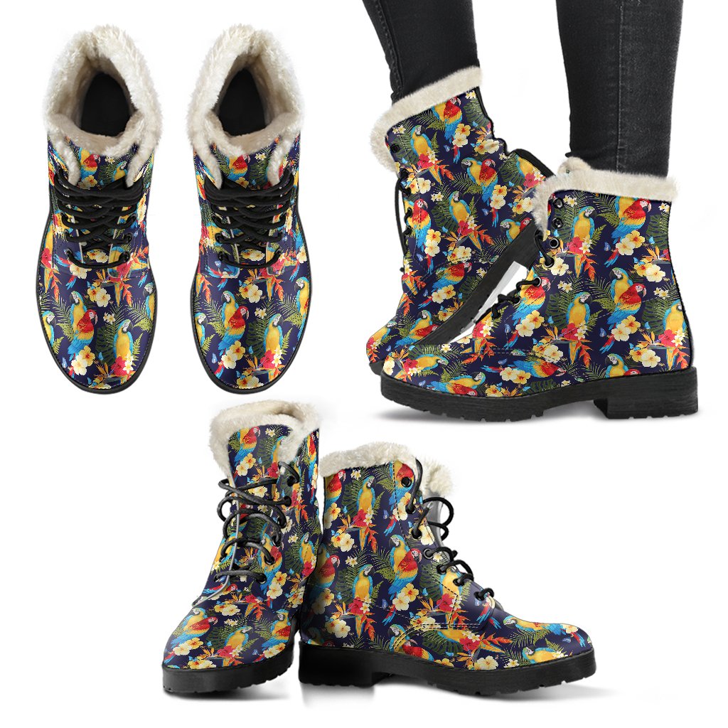 Parrot Themed Design Faux Fur Leather Boots-JTAMIGO.COM
