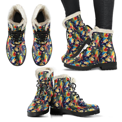 Parrot Themed Design Faux Fur Leather Boots-JTAMIGO.COM