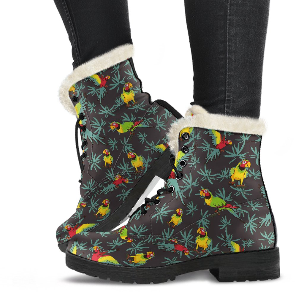 Parrot Themed Print Faux Fur Leather Boots-JTAMIGO.COM