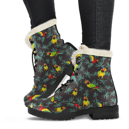 Parrot Themed Print Faux Fur Leather Boots-JTAMIGO.COM