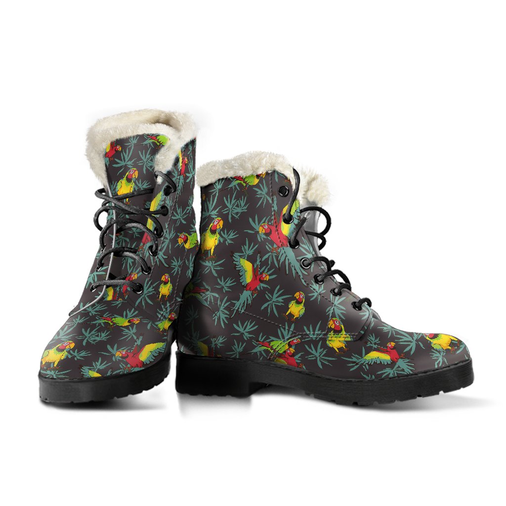 Parrot Themed Print Faux Fur Leather Boots-JTAMIGO.COM