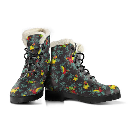 Parrot Themed Print Faux Fur Leather Boots-JTAMIGO.COM