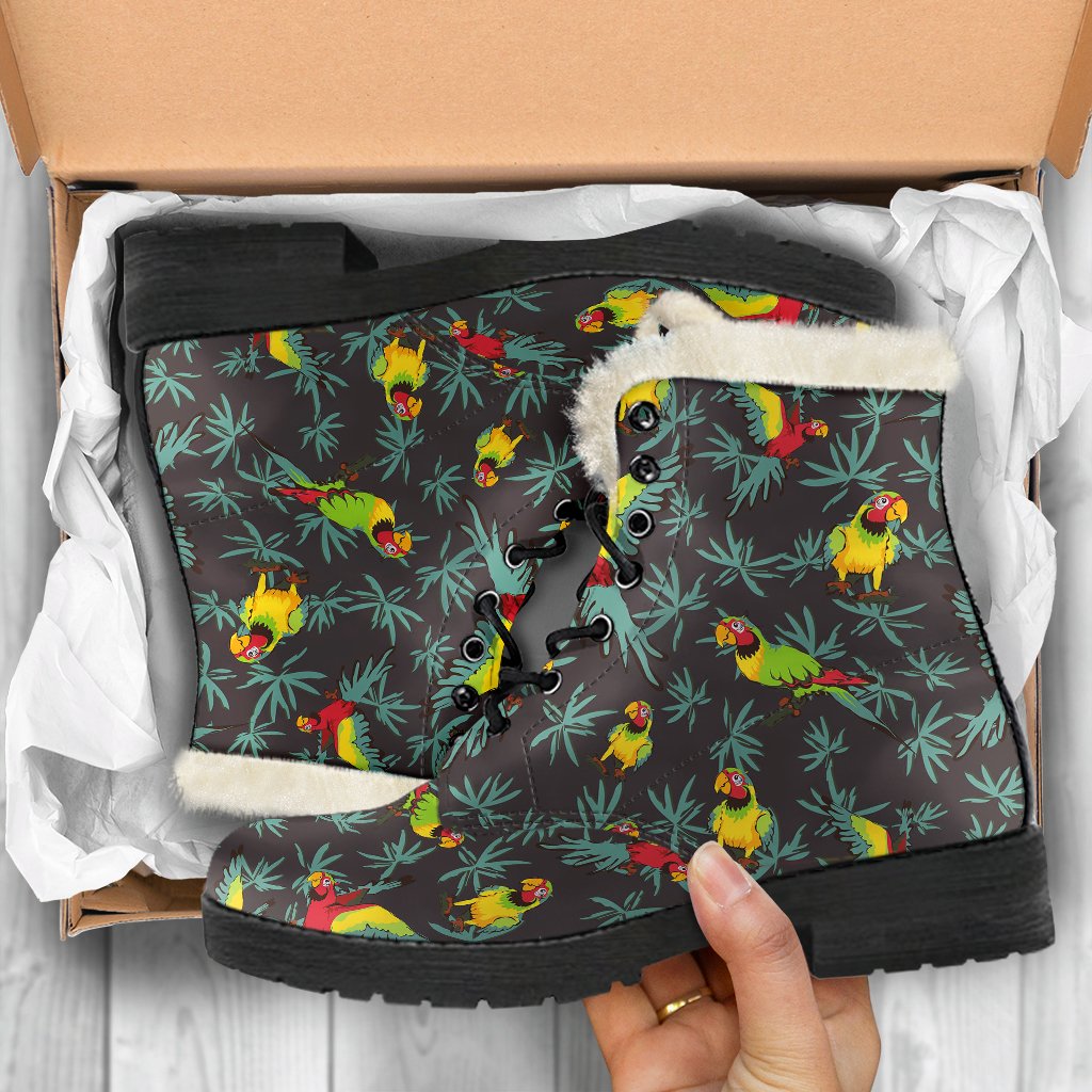 Parrot Themed Print Faux Fur Leather Boots-JTAMIGO.COM