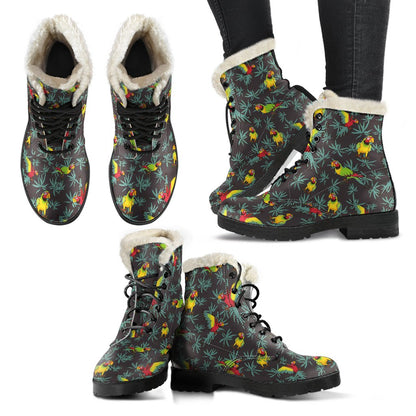 Parrot Themed Print Faux Fur Leather Boots-JTAMIGO.COM