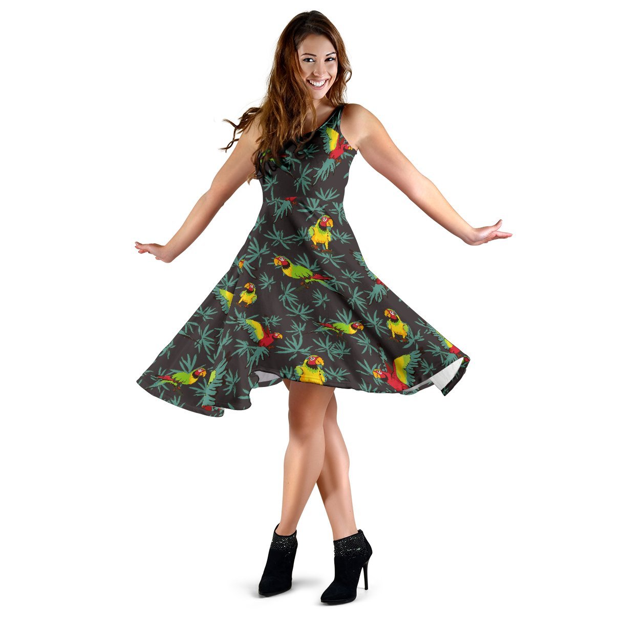 Parrot Themed Print Sleeveless Dress