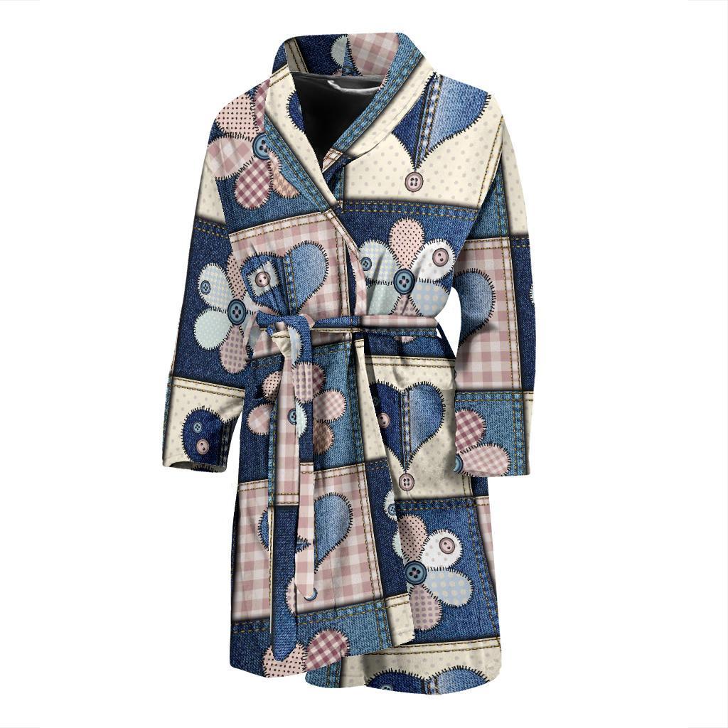 Patchwork Heart Flower Pattern Print Design 01 Men Bathrobe-JORJUNE.COM