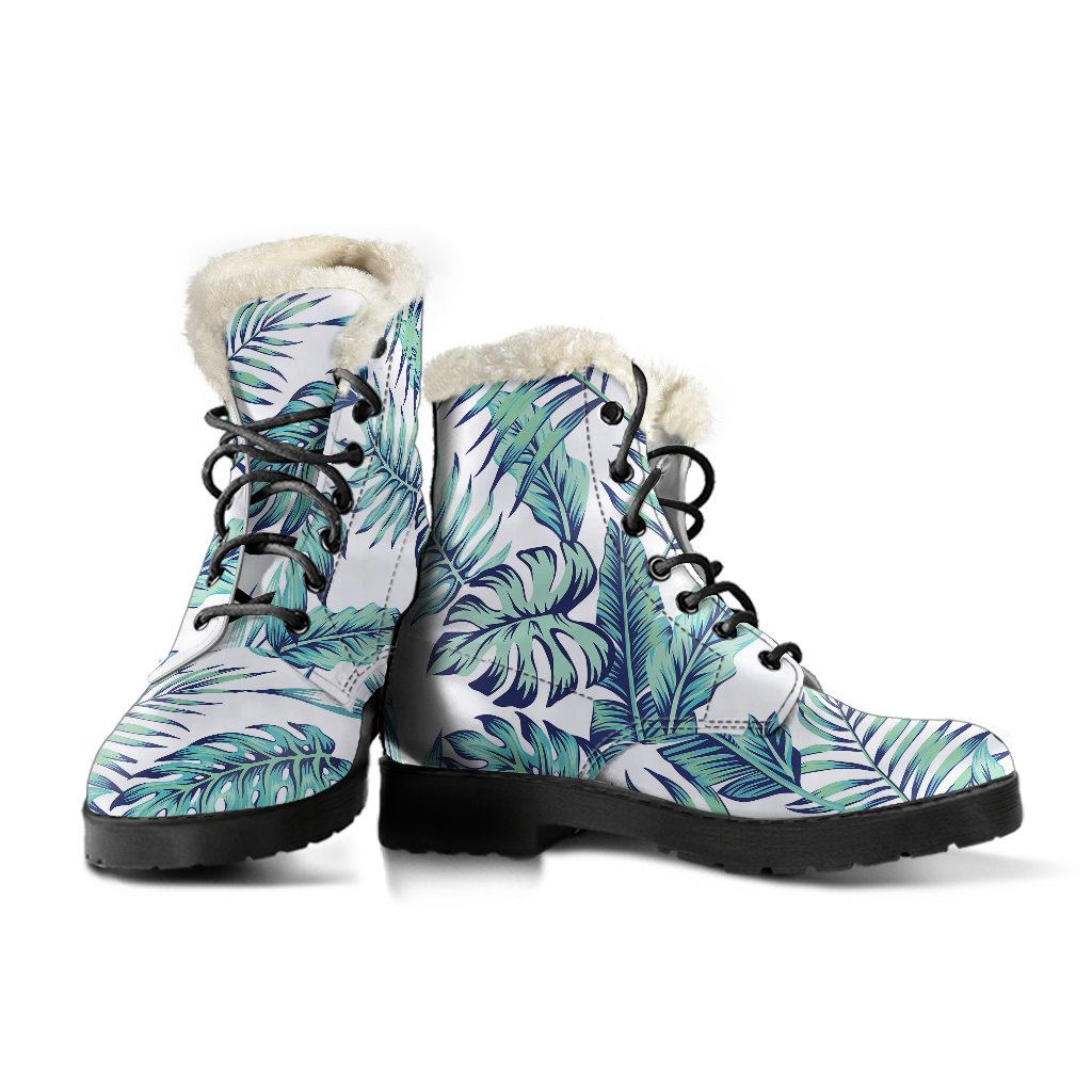Pattern Tropical Palm Leaves Faux Fur Leather Boots-JTAMIGO.COM