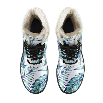 Pattern Tropical Palm Leaves Faux Fur Leather Boots-JTAMIGO.COM