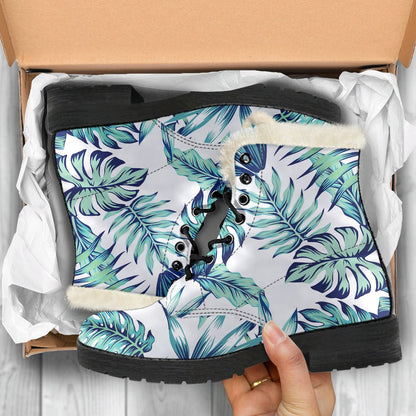 Pattern Tropical Palm Leaves Faux Fur Leather Boots-JTAMIGO.COM