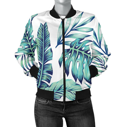 Pattern Tropical Palm Leaves Women Casual Bomber Jacket