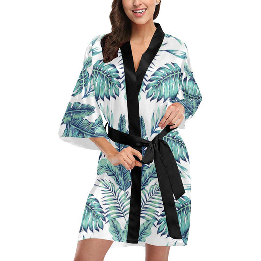 Pattern Tropical Palm Leaves Women Short Kimono Robe