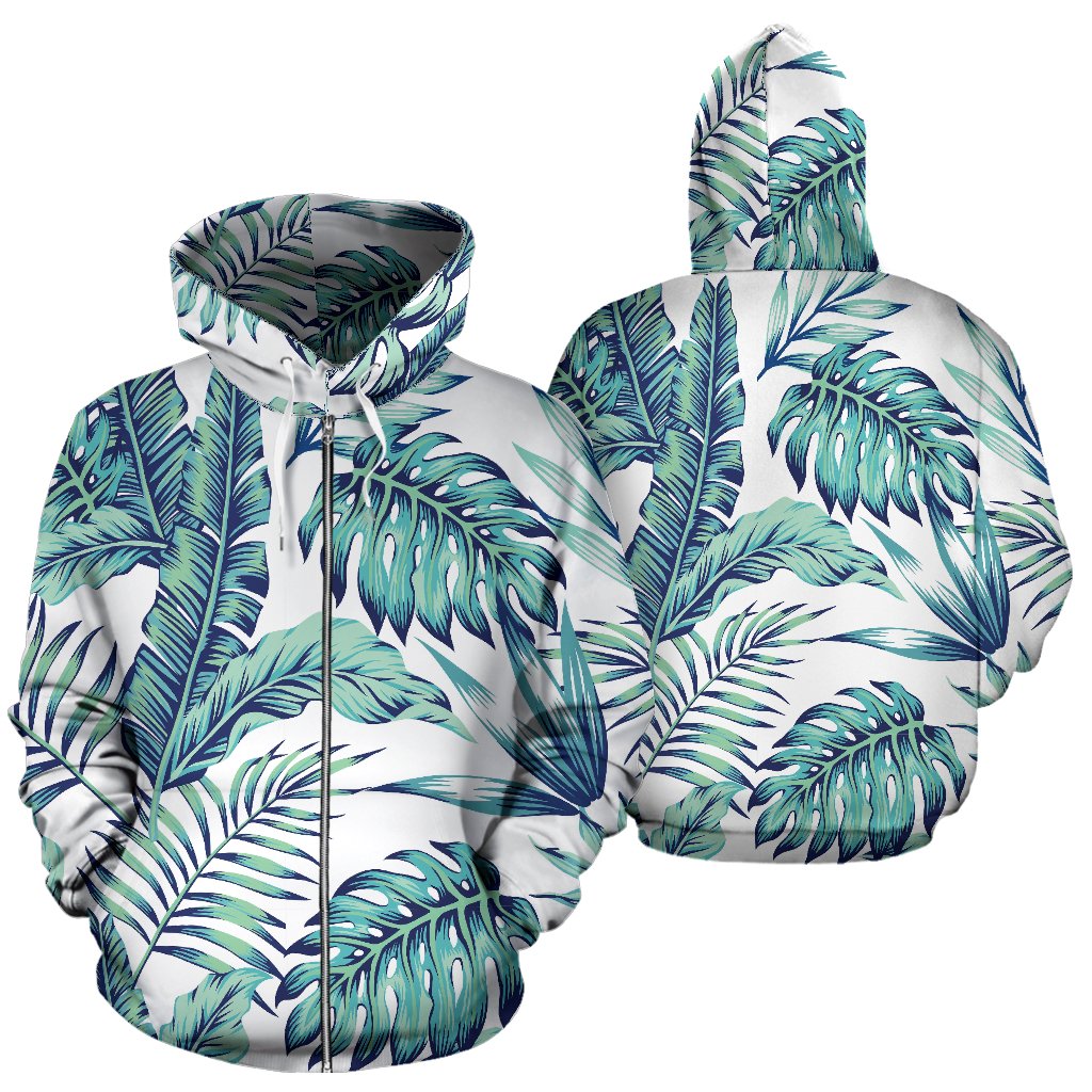 Pattern Tropical Palm Leaves Zip Up Hoodie