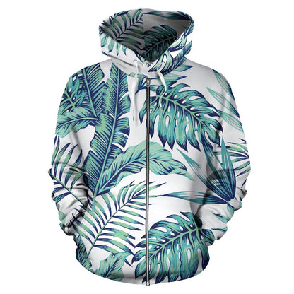 Pattern Tropical Palm Leaves Zip Up Hoodie