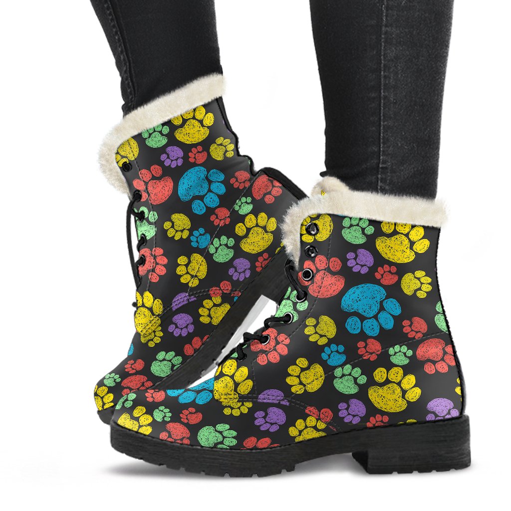 Paw Colorful Print Faux Fur Leather Boots-JTAMIGO.COM