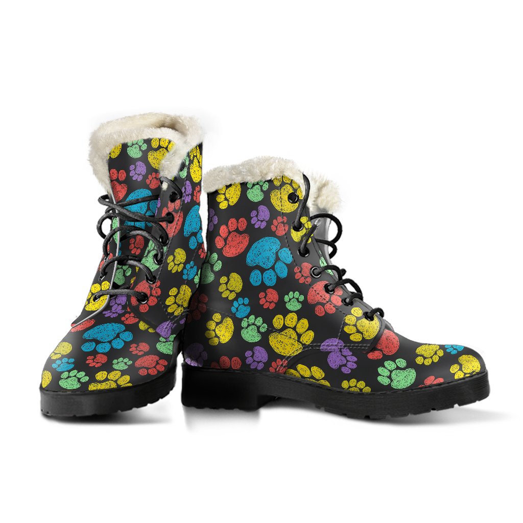 Paw Colorful Print Faux Fur Leather Boots-JTAMIGO.COM