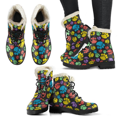 Paw Colorful Print Faux Fur Leather Boots-JTAMIGO.COM